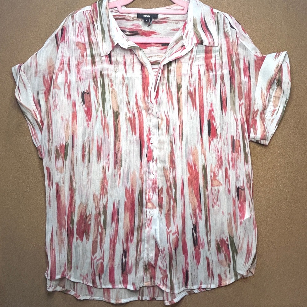 DKNY Womens Short Sleeve Button Front Shirt Abstract Print XL